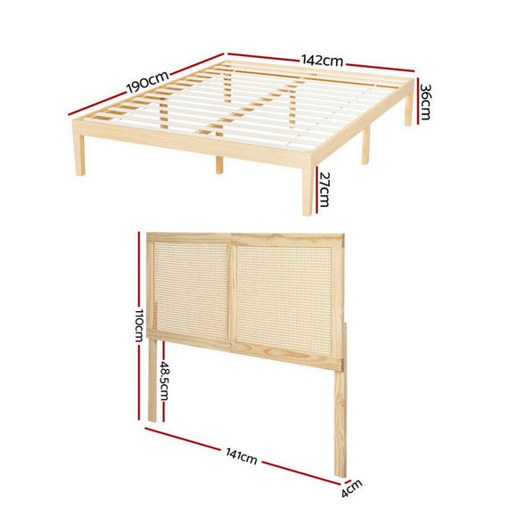 Artiss Bed Frame Double Size with Rattan Headboard Wooden Bed Base BRUNO - RnR Galore