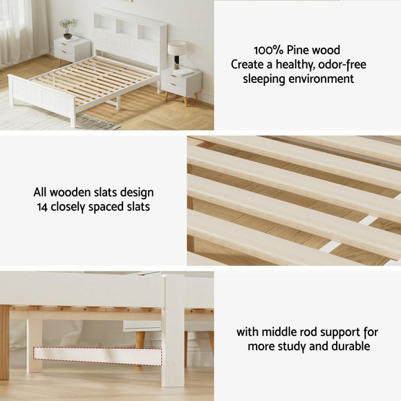 Artiss Bed Frame Double Size Wooden with 3 Shelves Bed Head White - RnR Galore