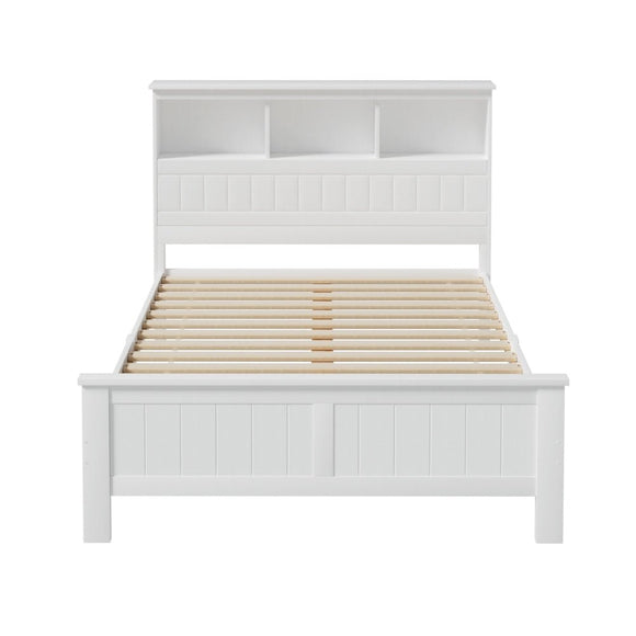 Artiss Bed Frame Double Size Wooden with 3 Shelves Bed Head White - RnR Galore