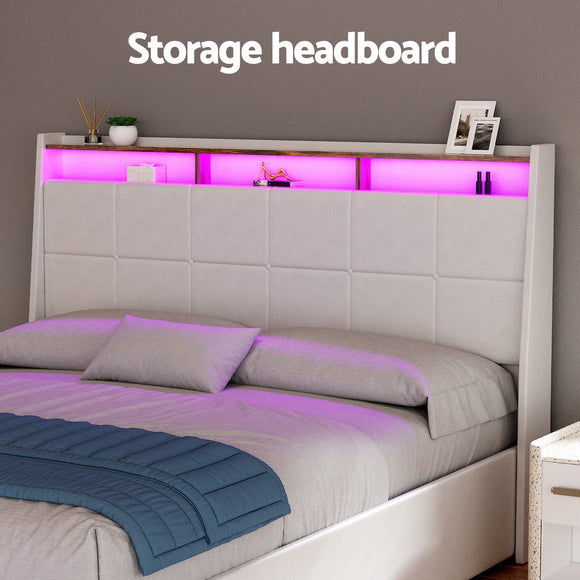 Artiss Bed Frame Gas Lift LED Beds Base Platform White PVC Leather Storage Headboard - Double - RnR Galore