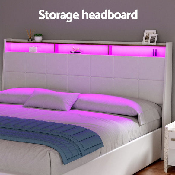 Artiss Bed Frame Gas Lift LED Beds Base Platform White PVC Leather Storage Headboard - King - RnR Galore