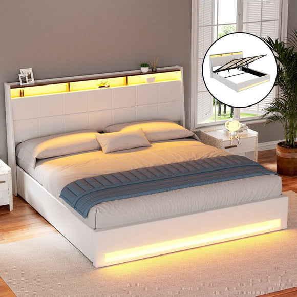 Artiss Bed Frame Gas Lift LED Beds Base Platform White PVC Leather Storage Headboard - King - RnR Galore