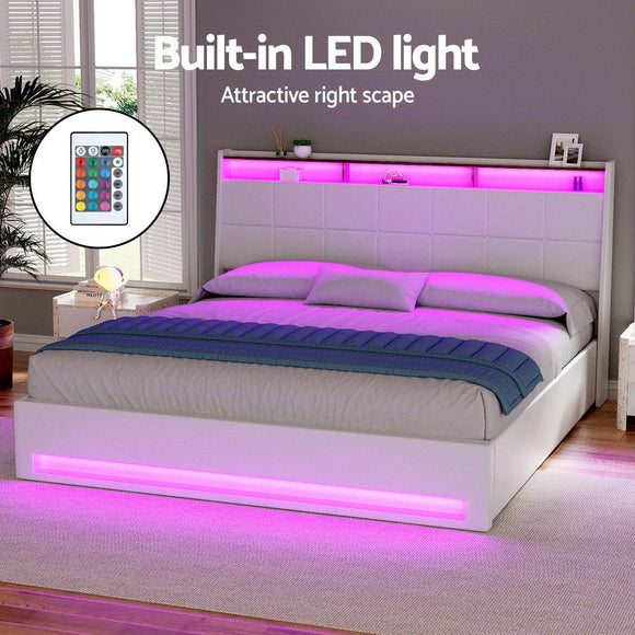 Artiss Bed Frame Gas Lift LED Beds Base Platform White PVC Leather Storage Headboard - King - RnR Galore