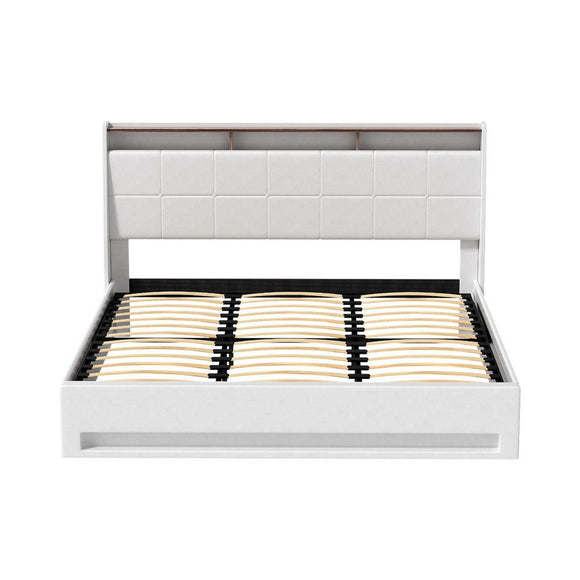 Artiss Bed Frame Gas Lift LED Beds Base Platform White PVC Leather Storage Headboard - King - RnR Galore