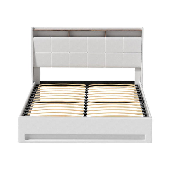 Artiss Bed Frame Gas Lift LED Beds Base Platform White PVC Leather Storage Headboard - Queen - RnR Galore