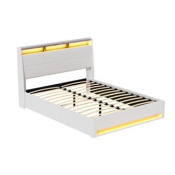 Artiss Bed Frame Gas Lift LED Beds Base Platform White PVC Leather Storage Headboard - Queen - RnR Galore