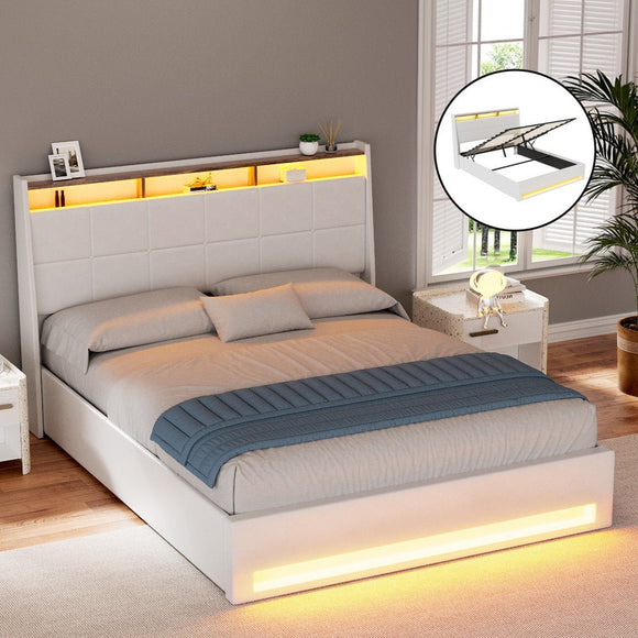 Artiss Bed Frame Gas Lift LED Beds Base Platform White PVC Leather Storage Headboard - Queen - RnR Galore