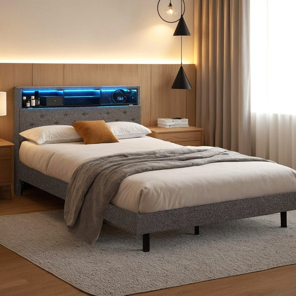 Artiss Bed Frame King Single Size LED Mattress Base Platform with Storage Shelf Hidden Storage Box Grey - RnR Galore