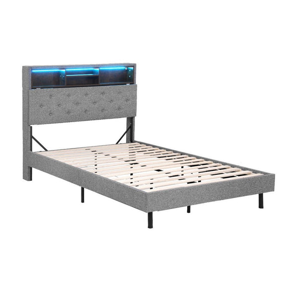 Artiss Bed Frame King Single Size LED Mattress Base Platform with Storage Shelf Hidden Storage Box Grey - RnR Galore