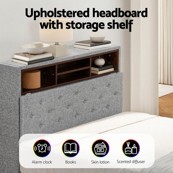 Artiss Bed Frame King Single Size LED Mattress Base Platform with Storage Shelf Hidden Storage Box Grey - RnR Galore
