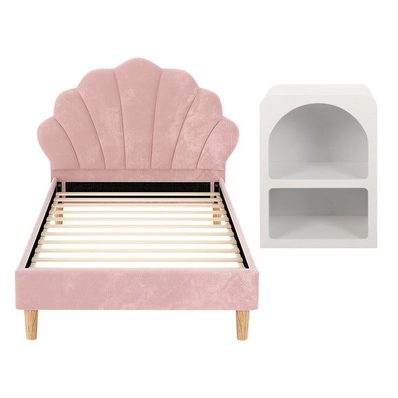 Artiss Bed Frame King Single with Bedside Table Set Scallop Headboard Pink Velvet Fabric Beds Base - RnR Galore