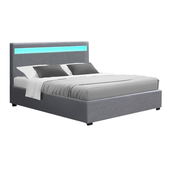 Artiss Bed Frame Queen Size LED Gas Lift Grey COLE - RnR Galore