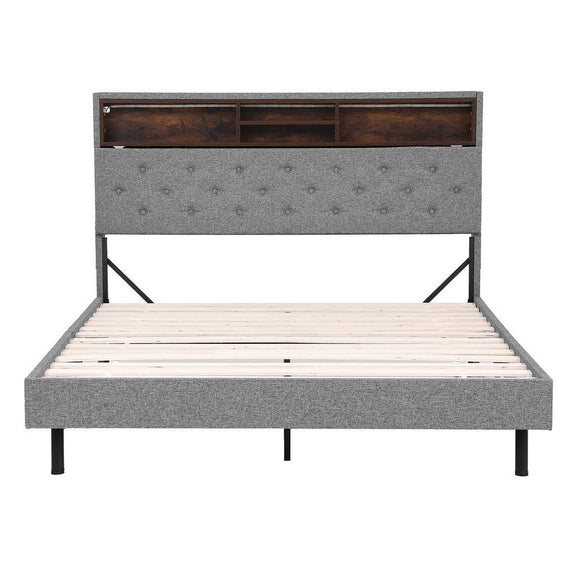 Artiss Bed Frame Queen Size LED Mattress Base Platform with Storage Shelf Hidden Storage Box Grey - RnR Galore