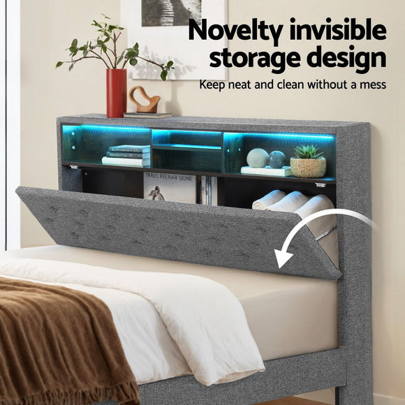 Artiss Bed Frame Queen Size LED Mattress Base Platform with Storage Shelf Hidden Storage Box Grey - RnR Galore