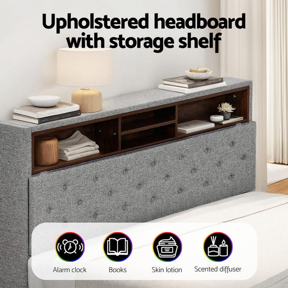 Artiss Bed Frame Queen Size LED Mattress Base Platform with Storage Shelf Hidden Storage Box Grey - RnR Galore