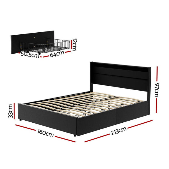 Artiss Bed Frame Queen Size LED with 4 Drawers Black DUNN - RnR Galore