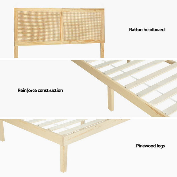 Artiss Bed Frame Queen Size with Rattan Headboard Wooden Bed Base BRUNO - RnR Galore