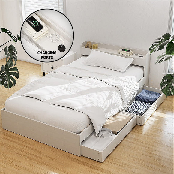 Artiss Bed Frame Single Size with Charging Ports and 2 Drawers AURA - RnR Galore