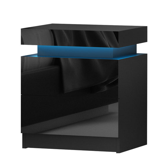 Artiss Bedside Table LED 2 Drawers Lift - up Storage - COLEY Black - RnR Galore