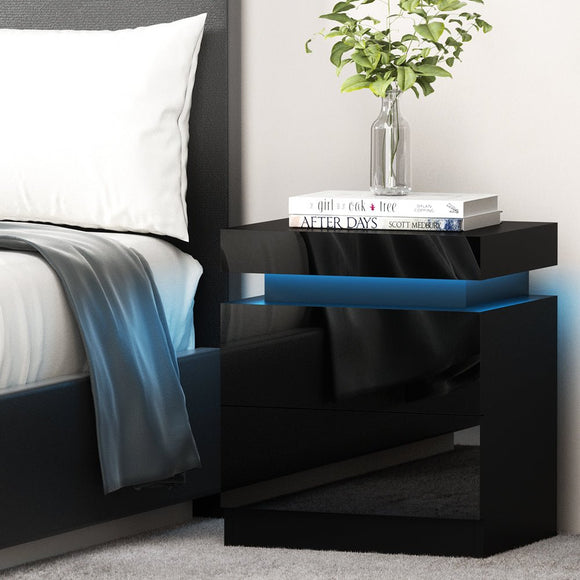 Artiss Bedside Table LED 2 Drawers Lift - up Storage - COLEY Black - RnR Galore