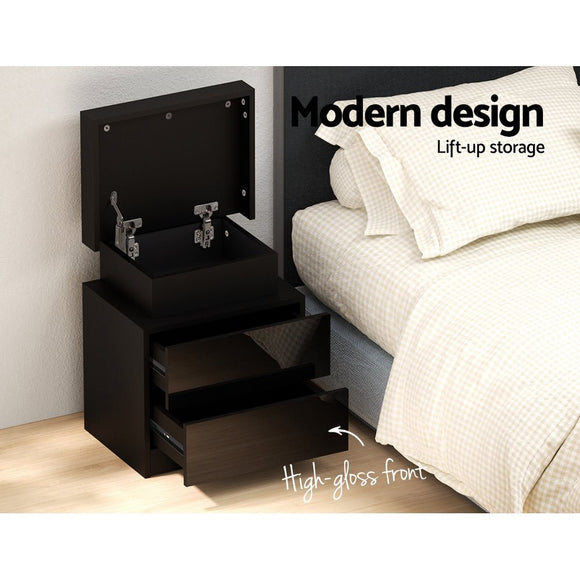 Artiss Bedside Table LED 2 Drawers Lift - up Storage - COLEY Black - RnR Galore