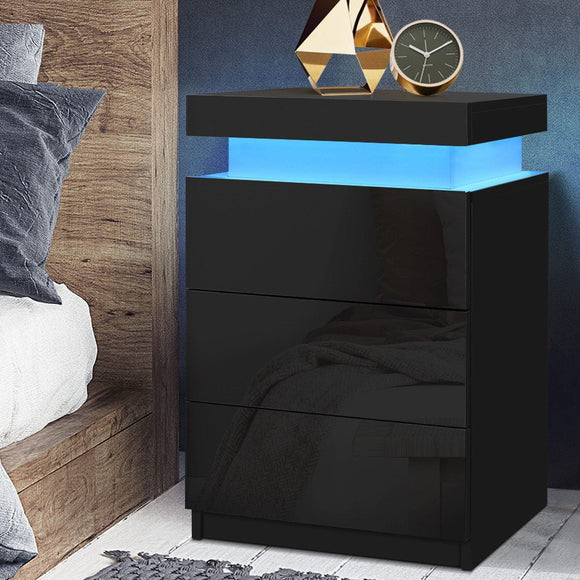 Artiss Bedside Table LED 3 Drawers - COLEY Black - RnR Galore
