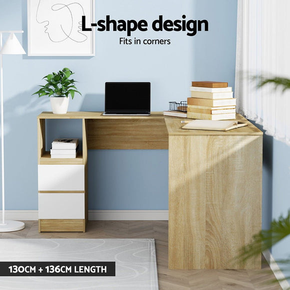 Artiss Computer Desk Drawer Cabinet L - Shape Oak 136CM - RnR Galore