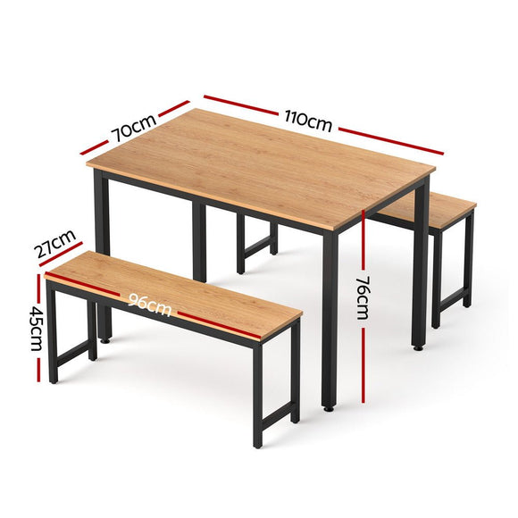 Artiss Dining Table and Chairs Set 3PCS Kitchen Metal Desk Bench Natural Oak - RnR Galore