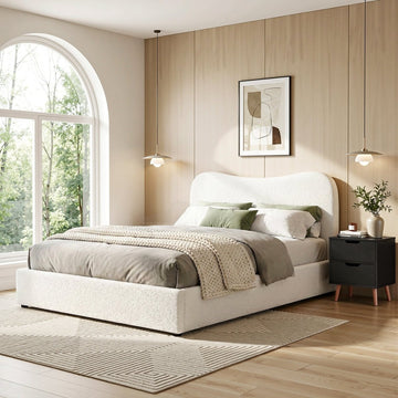 Artiss Double Bed Frame and Bedside Table Set Boucle Beige with Headboard Black Nightstand - RnR Galore