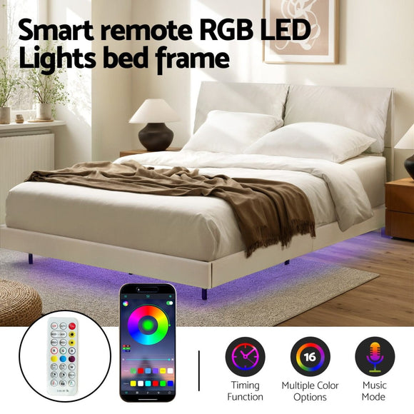 Artiss Double Bed Frame RGB LED Floating Beds Adjustable Headboard Beige White - RnR Galore