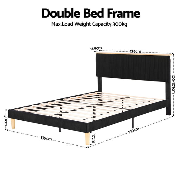 Artiss Double Bed Frame Upholstered Adjustable Headboard Mood Lighting Heavy Duty Black Velvet - RnR Galore