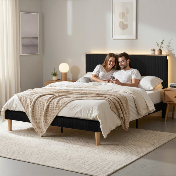 Artiss Double Bed Frame Upholstered Adjustable Headboard Mood Lighting Heavy Duty Black Velvet - RnR Galore