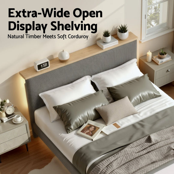 Artiss Double Bed Frame Upholstered Adjustable Headboard Mood Lighting Heavy Duty Grey Velvet - RnR Galore
