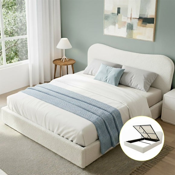 Artiss Double Bed Frame with Gaslift Storage Wooden Platform Mattress Base Boucle Upholstered White - RnR Galore