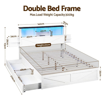 Artiss Double Bed Frame with Storage Drawers White Platform Bedframe with Bookcase Headboard Charging Station Led Light - RnR Galore