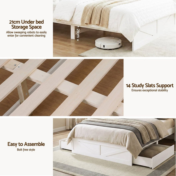 Artiss Double Bed Frame with Storage Drawers White Platform Bedframe with Bookcase Headboard Charging Station Led Light - RnR Galore