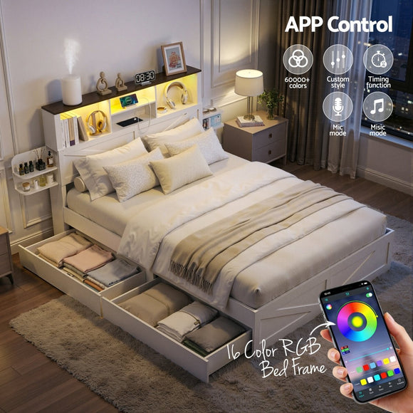 Artiss Double Bed Frame with Storage Drawers White Platform Bedframe with Bookcase Headboard Charging Station Led Light - RnR Galore