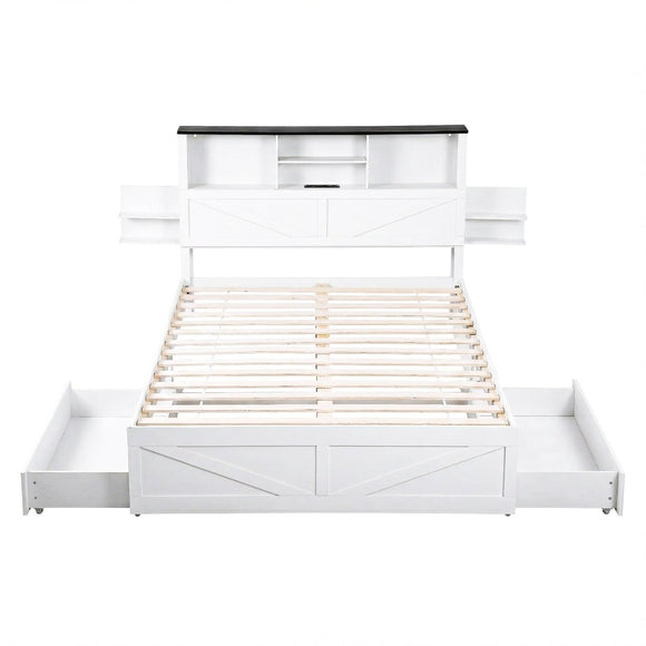 Artiss Double Bed Frame with Storage Drawers White Platform Bedframe with Bookcase Headboard Charging Station Led Light - RnR Galore