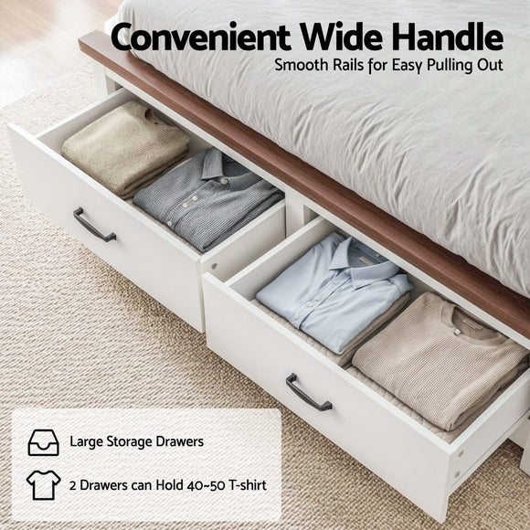 Artiss Double Wooden Bed Frame with 2 Drawer Platform Bed with 108cm Solid High Headboard White Bed Base for Bedroom Easy Assembly - RnR Galore