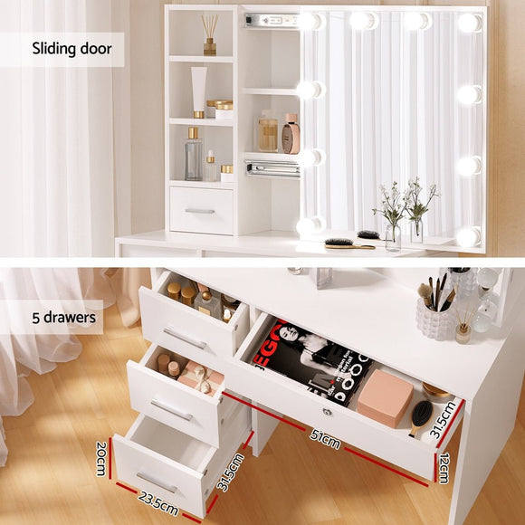 Artiss Dressing Table Set Stool 10 Led Bulbs White Dylan - RnR Galore