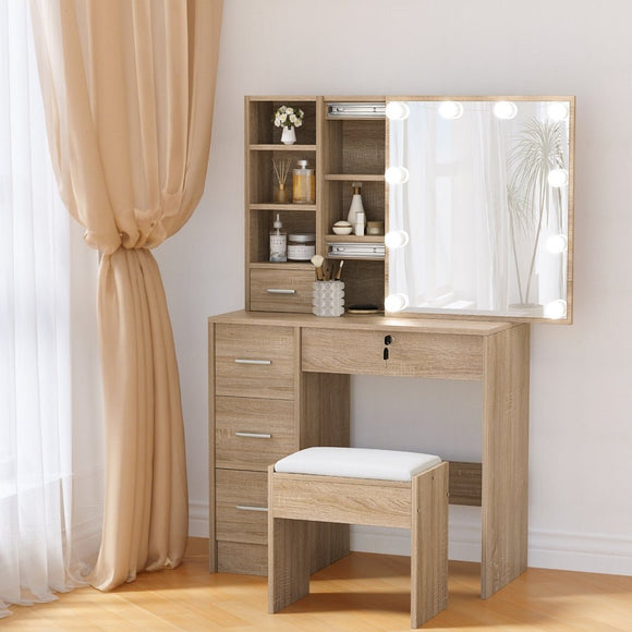 Artiss Dressing Table Set Stool 10 Led Bulbs Wood - RnR Galore