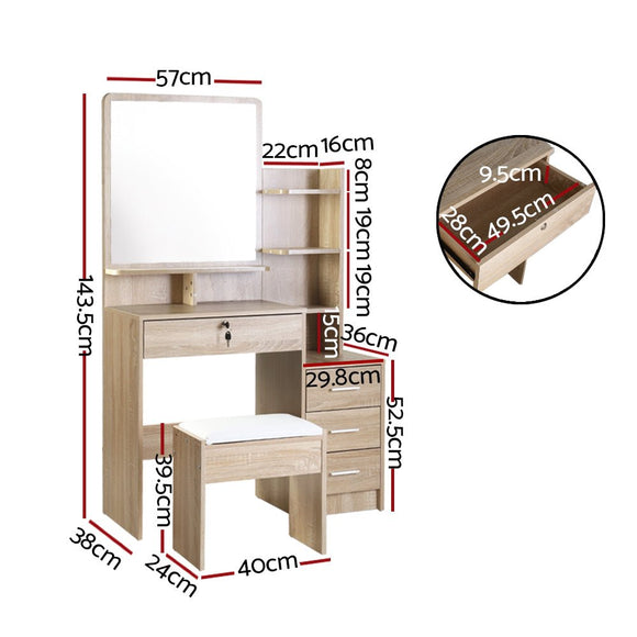 Artiss Dressing Table Stool Set 4 Drawers Oak - RnR Galore