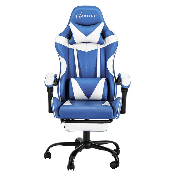 Artiss Gaming Office Chair Executive Computer Leather Chairs Footrest Blue White - RnR Galore