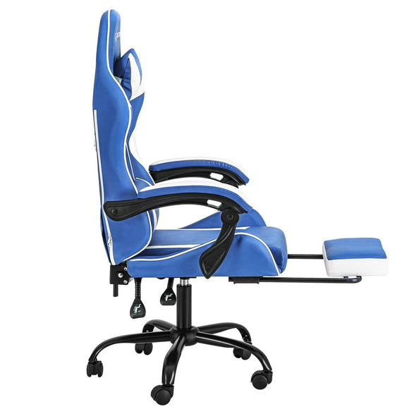 Artiss Gaming Office Chair Executive Computer Leather Chairs Footrest Blue White - RnR Galore