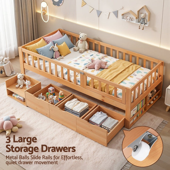 Artiss Kids Single Bed Frame with 3 Storage Drawer Montessori Bed for Toddler Natural - RnR Galore