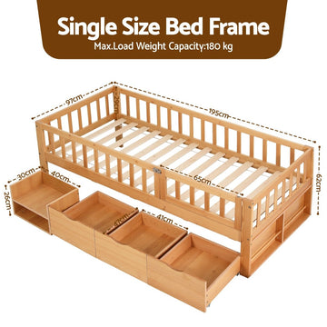 Artiss Kids Single Bed Frame with 3 Storage Drawer Montessori Bed for Toddler Natural - RnR Galore