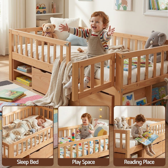 Artiss Kids Single Bed Frame with 3 Storage Drawer Montessori Bed for Toddler Natural - RnR Galore