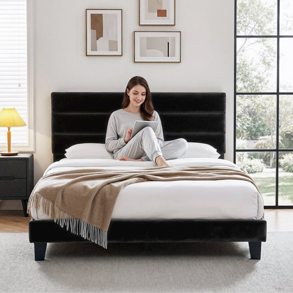 Artiss King Bed Frame Upholstered Platform Base with Geometric Headboard Black Velvet - RnR Galore