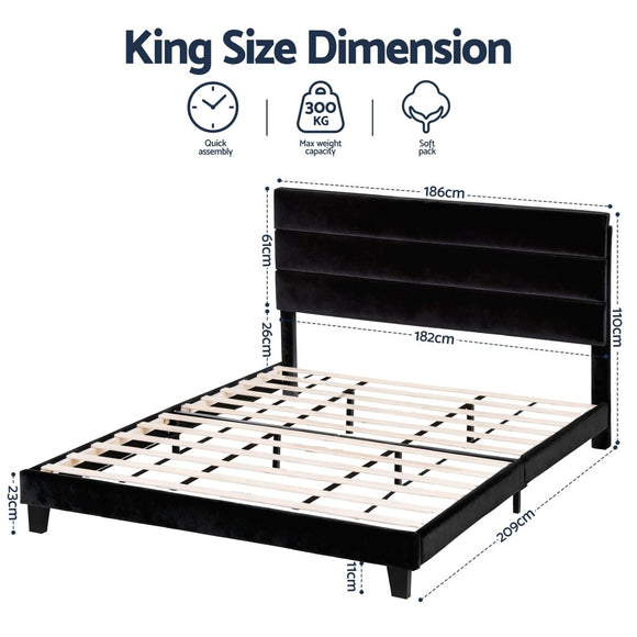 Artiss King Bed Frame Upholstered Platform Base with Geometric Headboard Black Velvet - RnR Galore
