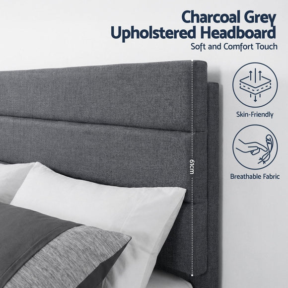 Artiss King Bed Frame Upholstered Platform Base with Geometric Headboard Charcoal Grey Linen Wood Slats for Modern Bedroom Furniture Home Decor - RnR Galore